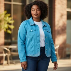 Isaac's Designs Women's Blue Denim‎ Jacket Rhinestone Embellished Size 3XL